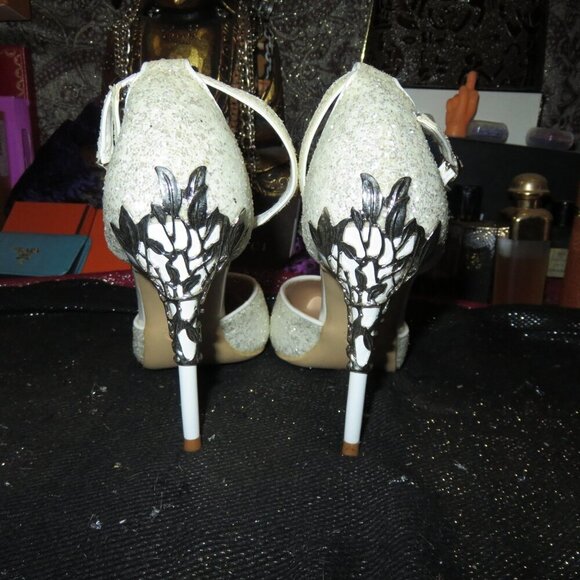 Bigtree Cream Glitter & Silver Metallic Carved Embellished Stiletto Heels 39 8.5 - Picture 4 of 12